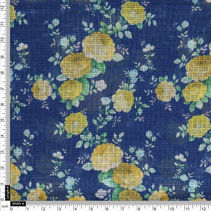 Gorgeous Ditsy Flower Bunch Digital Print on Classy Green-Yellow-Blue Kota Doria Fabric