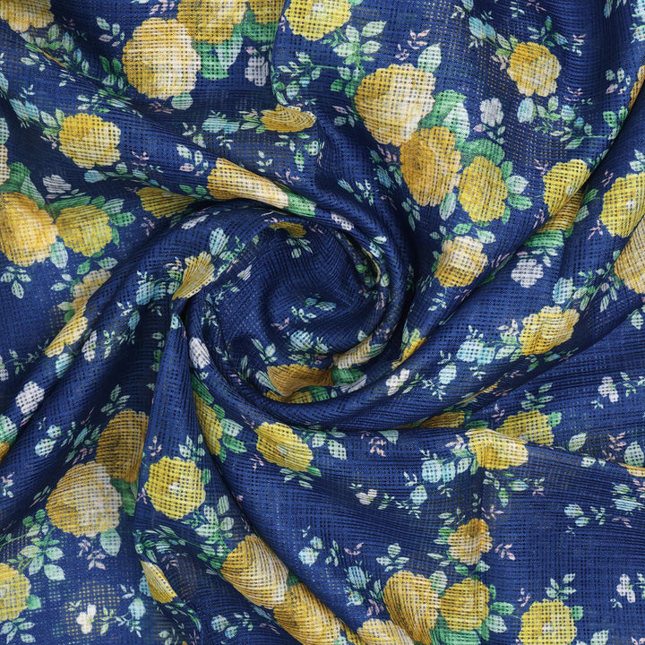 Gorgeous Ditsy Flower Bunch Digital Print on Classy Green-Yellow-Blue Kota Doria Fabric