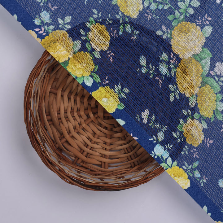 Gorgeous Ditsy Flower Bunch Digital Print on Classy Green-Yellow-Blue Kota Doria Fabric