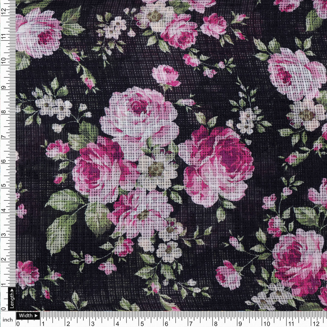 Gorgeous Pink and Black Floral Kota Doria Digital Fabric for Classy Outfits