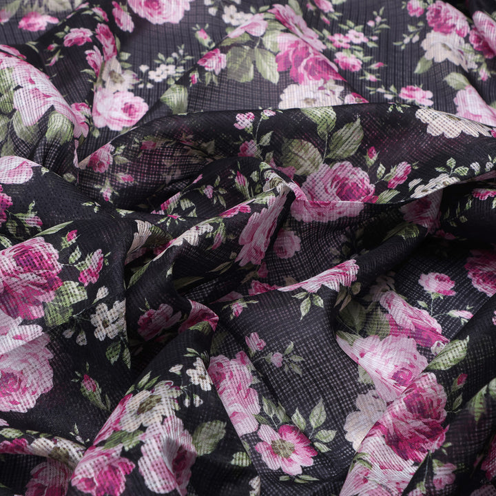 Gorgeous Pink and Black Floral Kota Doria Digital Fabric for Classy Outfits