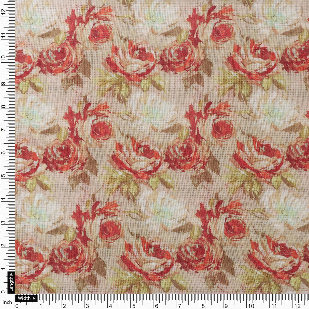 Gorgeous Floral Kota Doria Fabric | Red, Green, Cream | FAB VOGUE Studio