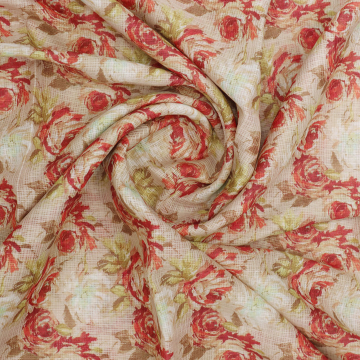 Gorgeous Floral Kota Doria Fabric | Red, Green, Cream | FAB VOGUE Studio