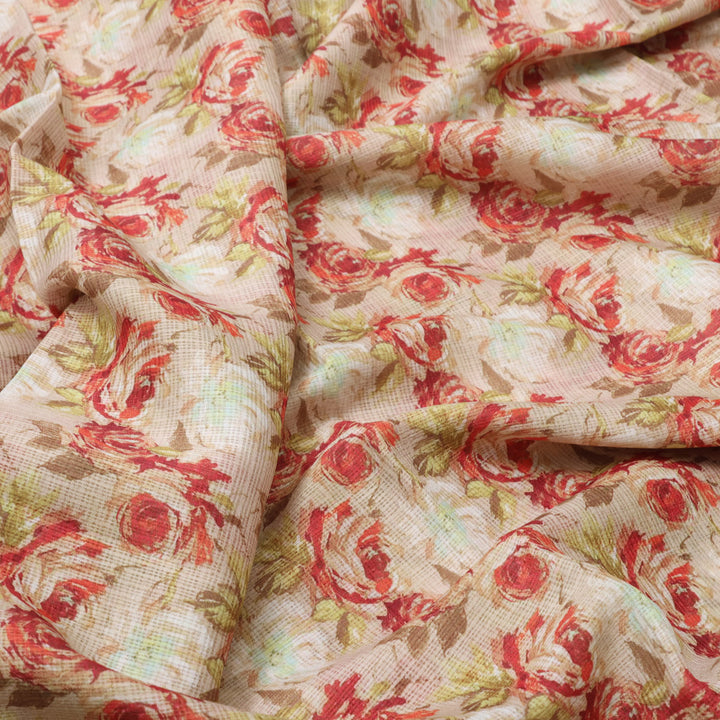 Gorgeous Floral Kota Doria Fabric | Red, Green, Cream | FAB VOGUE Studio