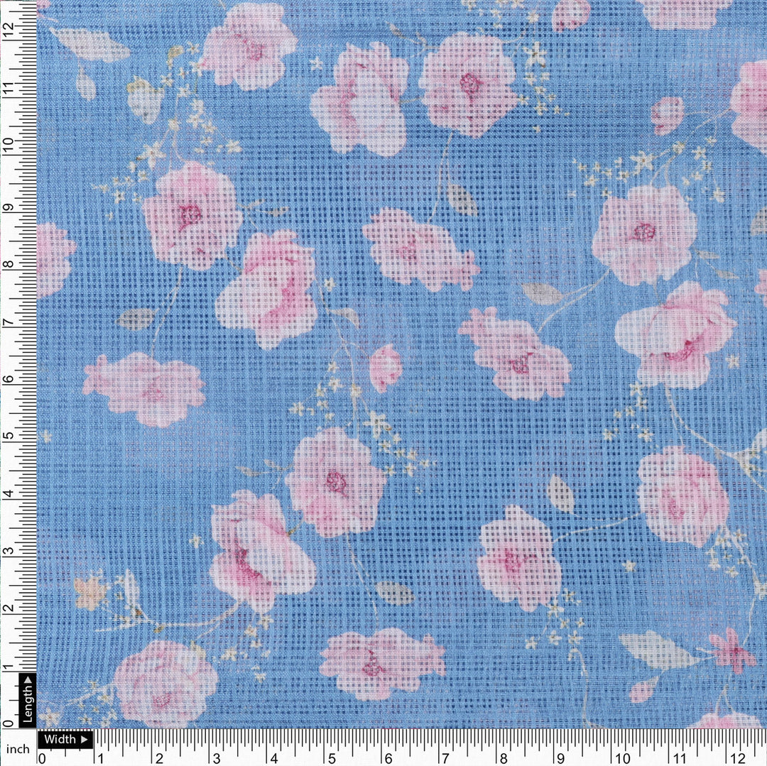 Gorgeous Floral Velly Kota Doria Digital Printed Fabric in Captivating Blue and Peach