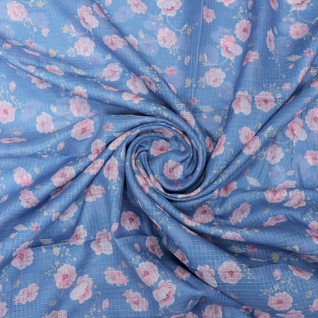 Gorgeous Floral Velly Kota Doria Digital Printed Fabric in Captivating Blue and Peach