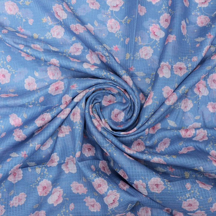 Gorgeous Floral Velly Kota Doria Digital Printed Fabric in Captivating Blue and Peach