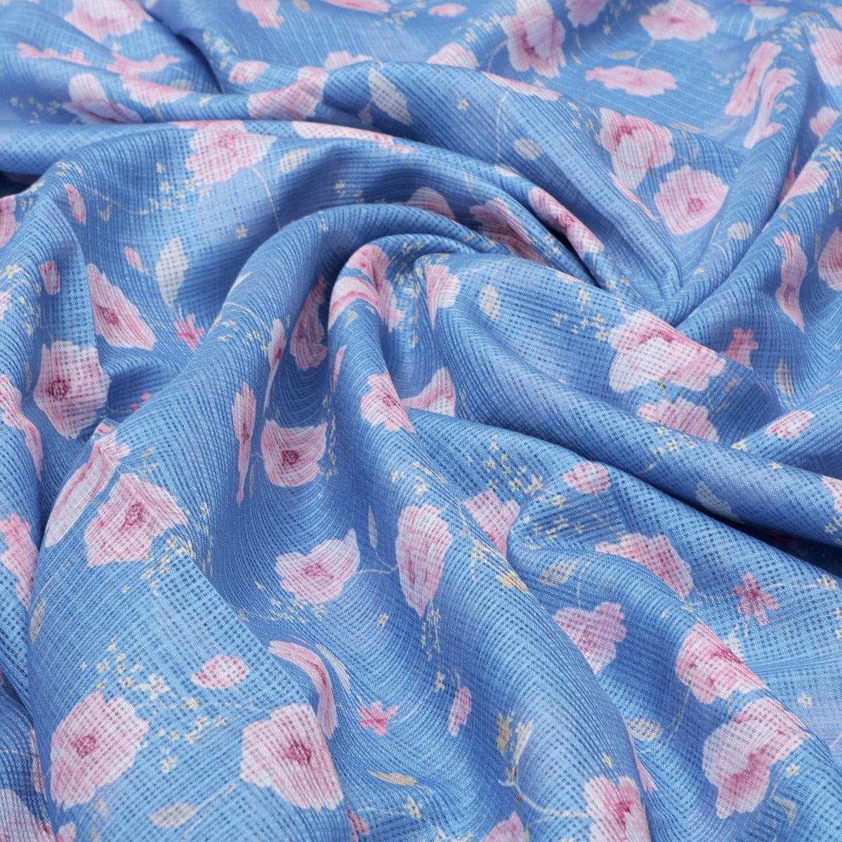 Gorgeous Floral Velly Kota Doria Digital Printed Fabric in Captivating Blue and Peach