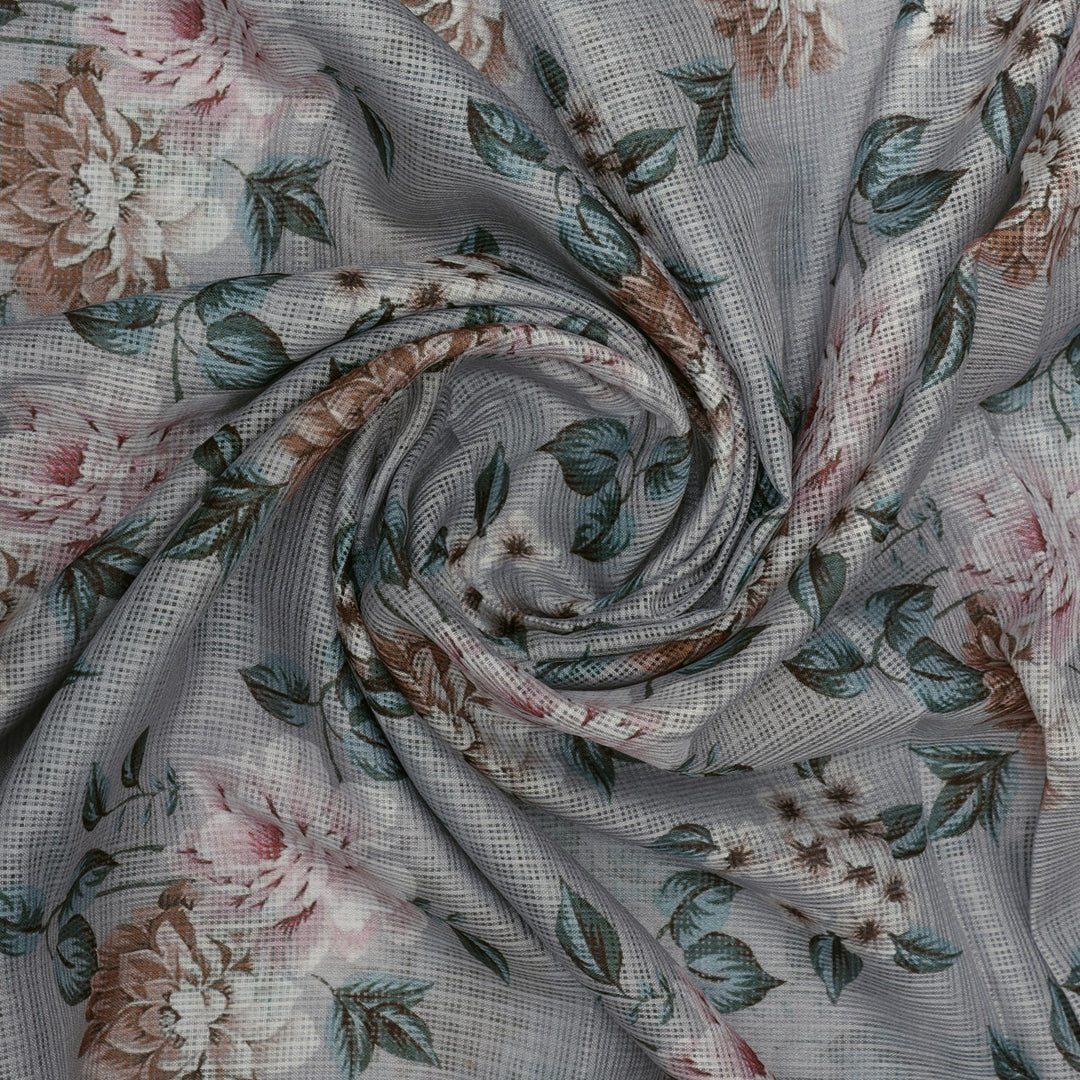 Gorgeous Kota Doria Digital Printed Fabric Material with Bunch of Flowers
