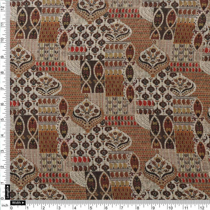 Gorgeous Geometric Printed Kota Doria Fabric in Cream and Brown