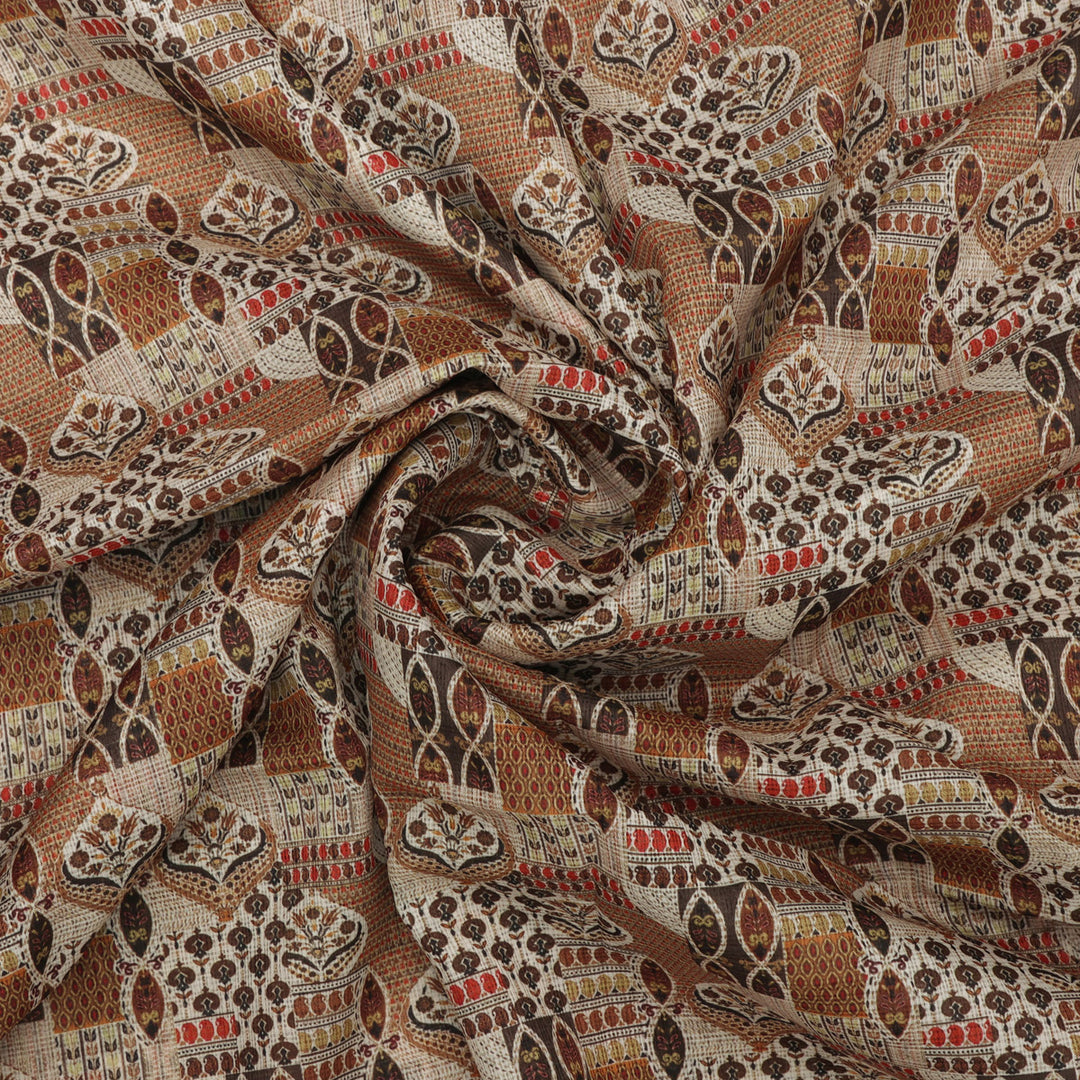 Gorgeous Geometric Printed Kota Doria Fabric in Cream and Brown