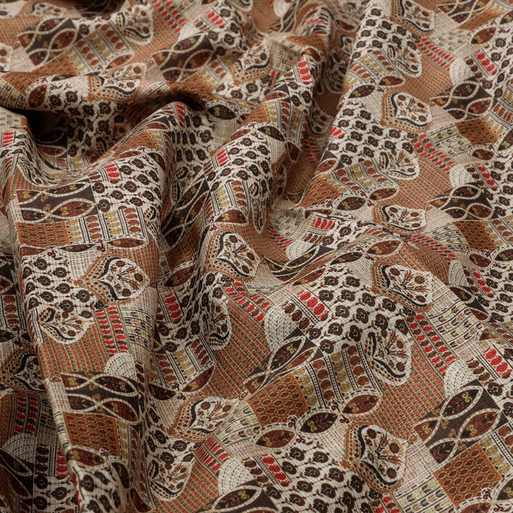 Gorgeous Geometric Printed Kota Doria Fabric in Cream and Brown