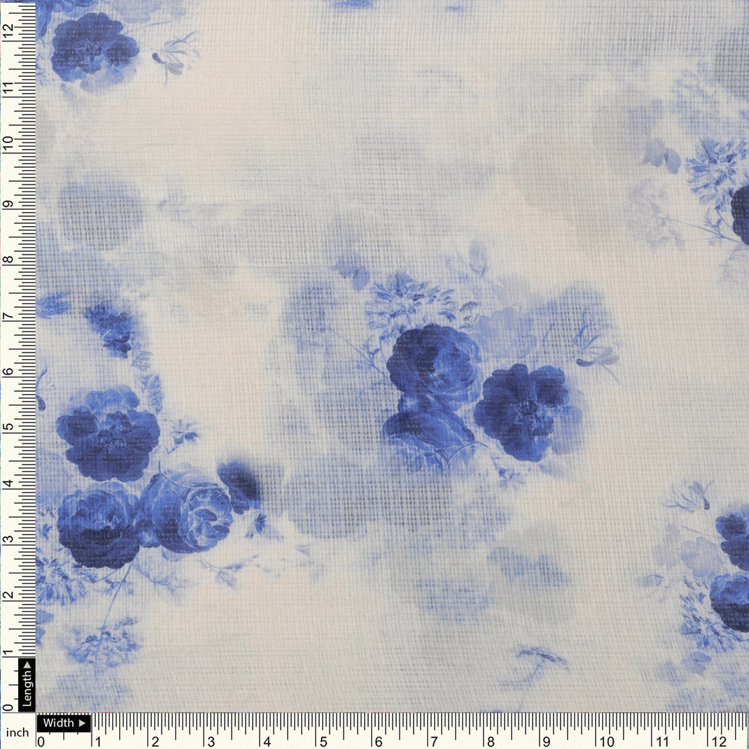 Mesmerizing Blue and Cream Floral Kota Doria Digital Printed Fabric Material