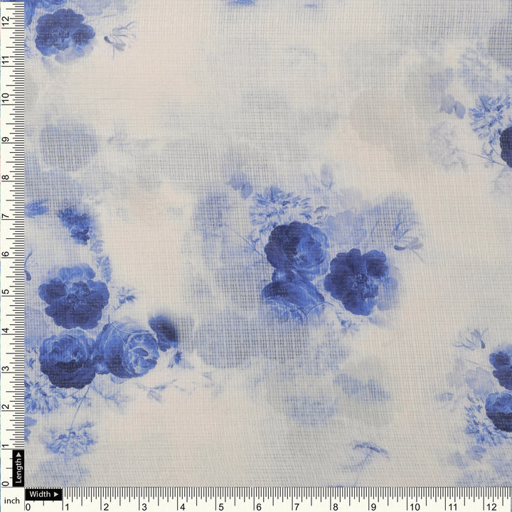 Mesmerizing Blue and Cream Floral Kota Doria Digital Printed Fabric Material