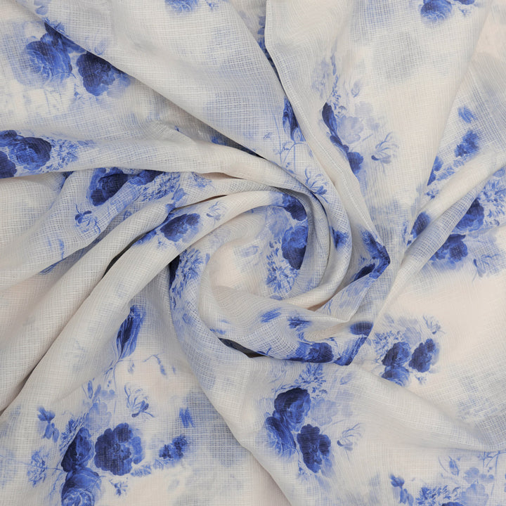 Mesmerizing Blue and Cream Floral Kota Doria Digital Printed Fabric Material