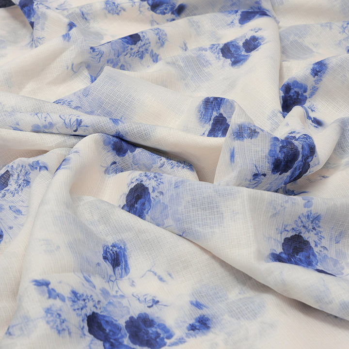 Mesmerizing Blue and Cream Floral Kota Doria Digital Printed Fabric Material