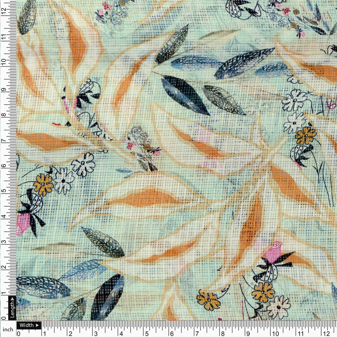 Gorgeous Yellow Leaves Kota Doria Fabric for Stunning Dress Making