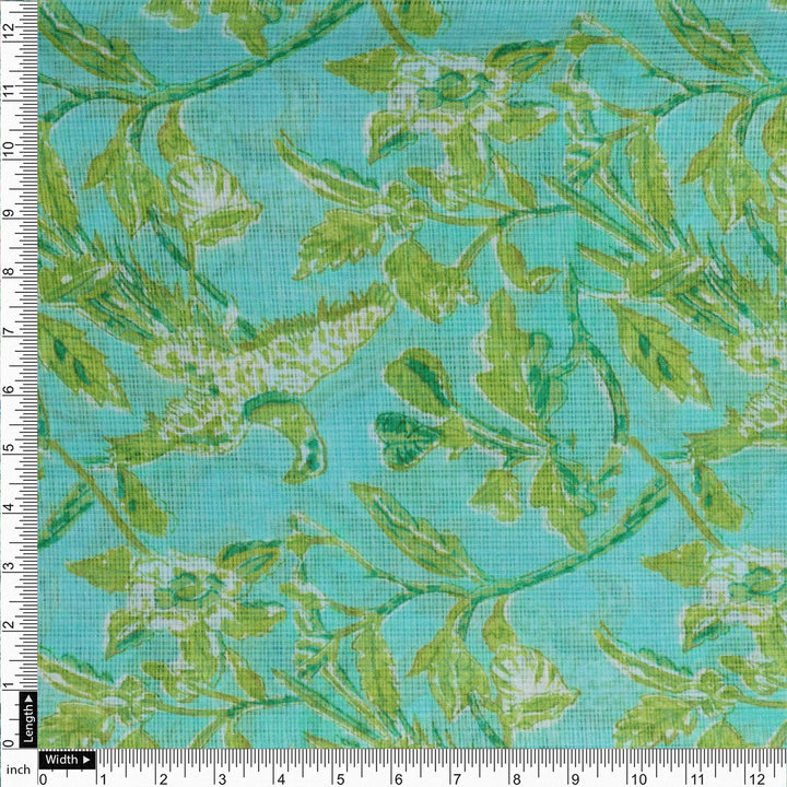 Gorgeous Green and White Bird Print Kota Doria Digital Printed Fabric