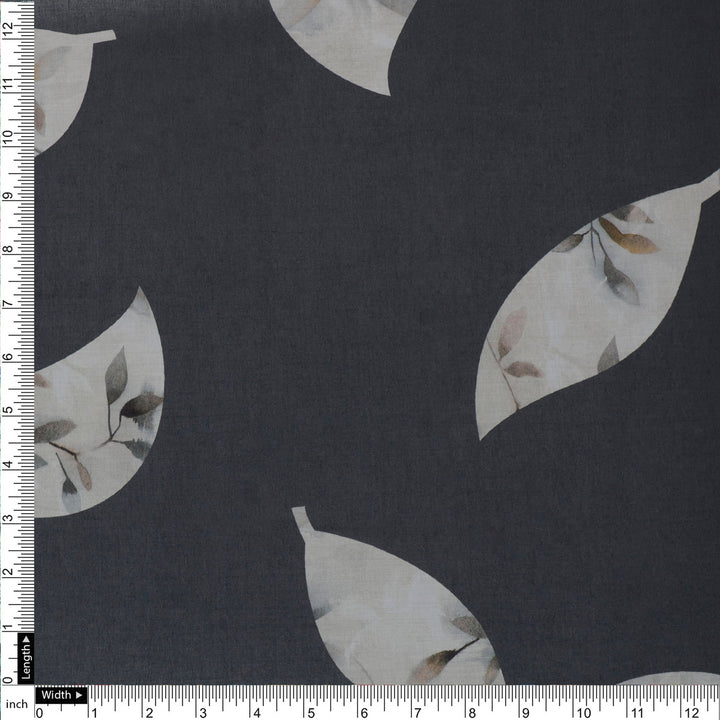 Leaves Print On Dark Grey Base Digital Printed Fabric