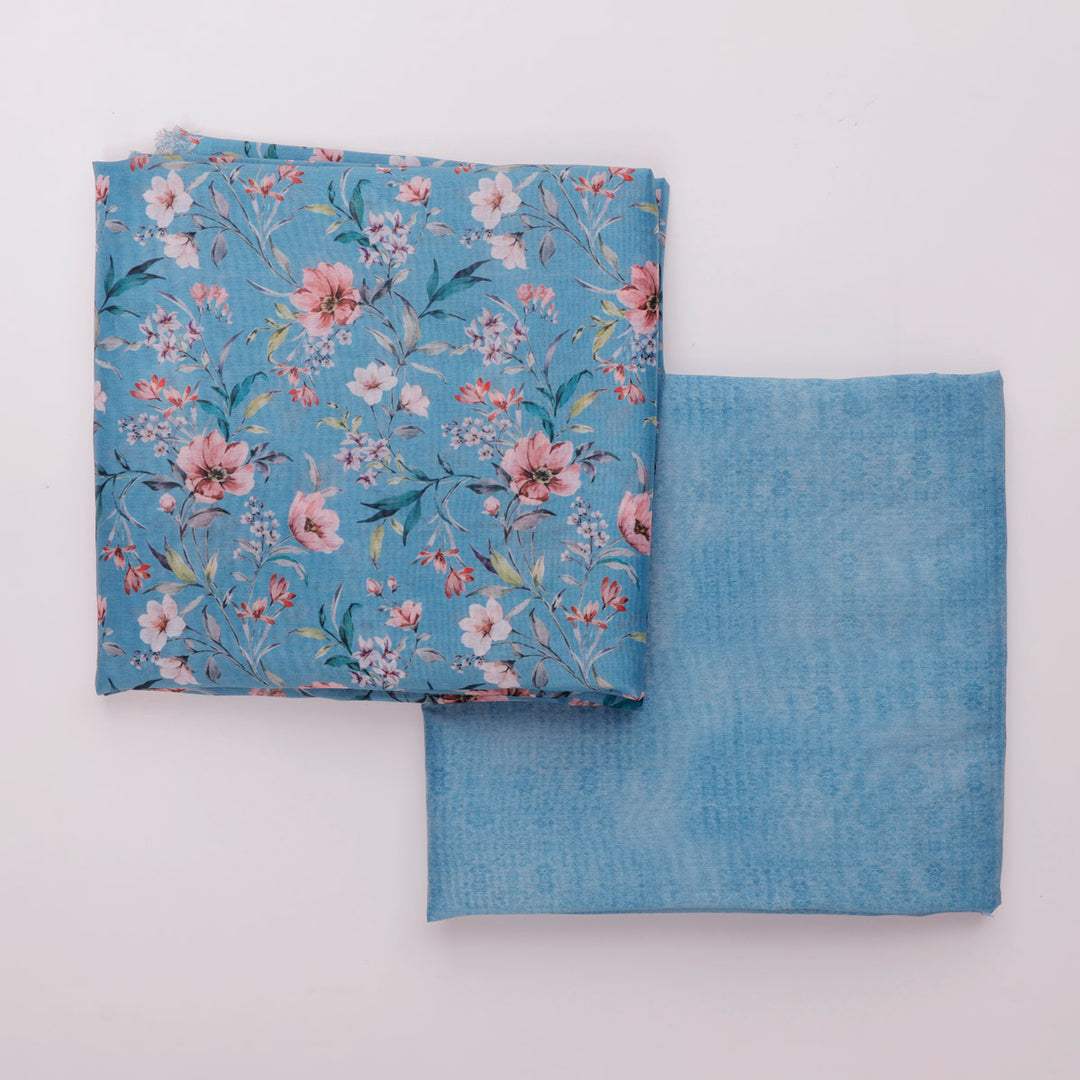 Blue Floral Chanderi Fabric Set 5 Meters