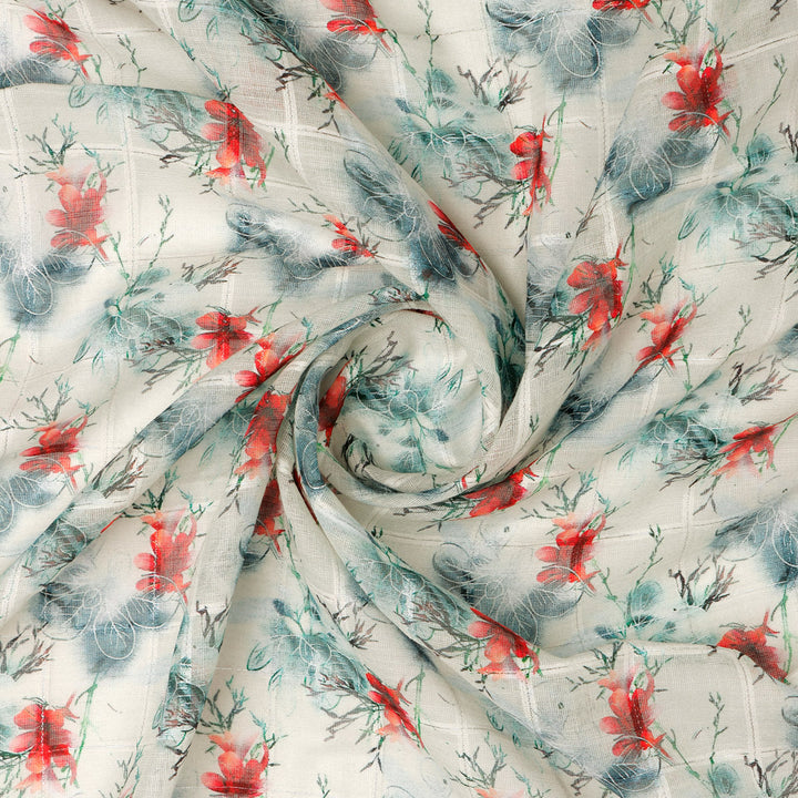 FAB VOGUE Studio Digital Printed Linen Fabric - Floral Pattern, White