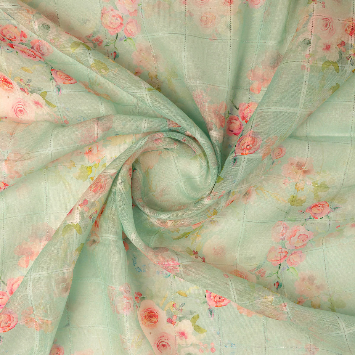 FAB VOGUE Studio Digital Printed Linen Fabric - Mint Green Floral