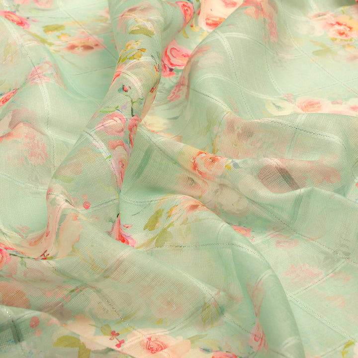 FAB VOGUE Studio Digital Printed Linen Fabric - Mint Green Floral