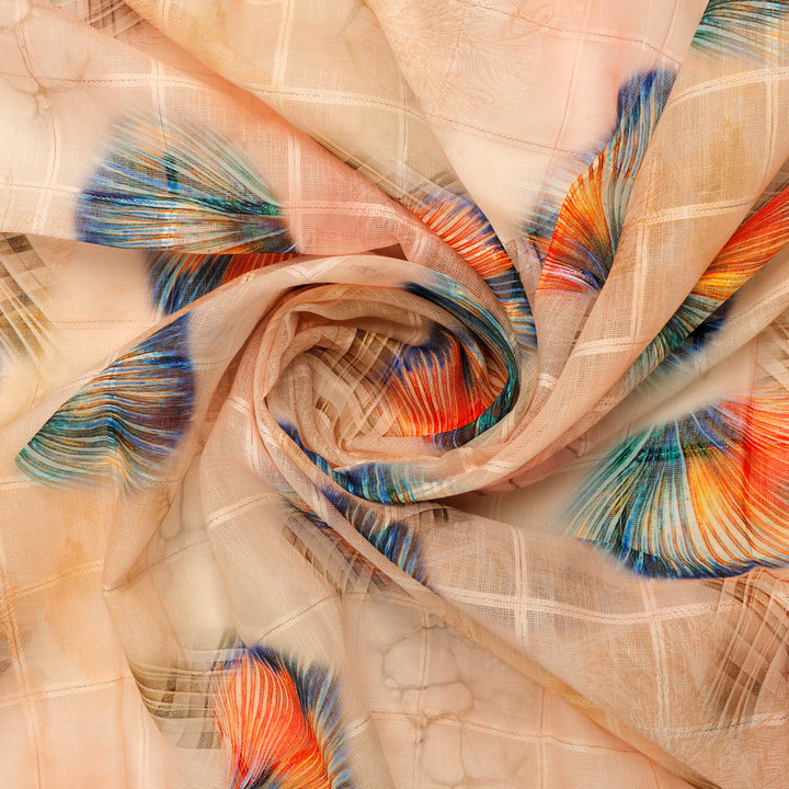 FAB VOGUE Studio Linen Digital Printed Fabric - Peach & Blue Feather