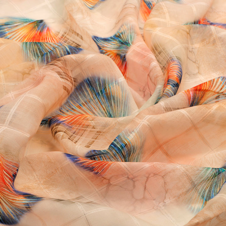 FAB VOGUE Studio Linen Digital Printed Fabric - Peach & Blue Feather