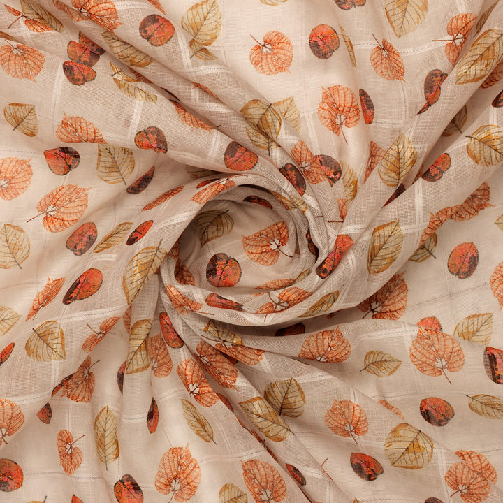 FAB VOGUE Studio Digital Printed Linen Look Polyester Fabric - Beige Autumn Leaves