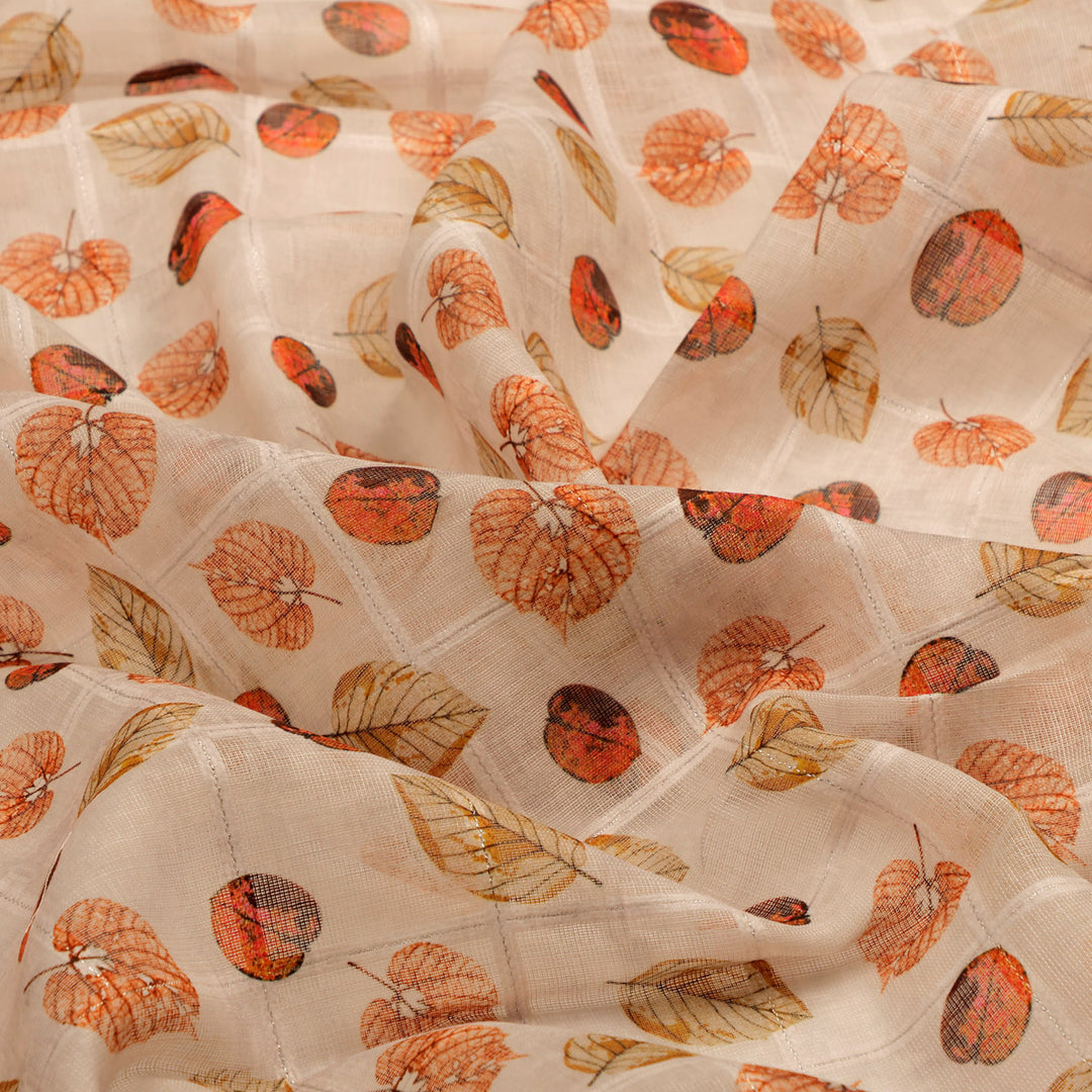 FAB VOGUE Studio Digital Printed Linen Look Polyester Fabric - Beige Autumn Leaves