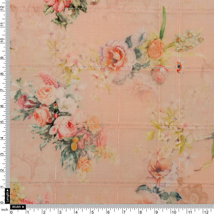 FAB VOGUE Studio Digital Printed Peach Floral Linen Fabric - Perfect for Dresses, Tops, and More!