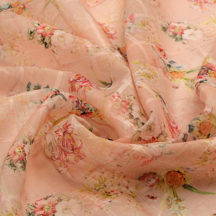 FAB VOGUE Studio Digital Printed Peach Floral Linen Fabric - Perfect for Dresses, Tops, and More!