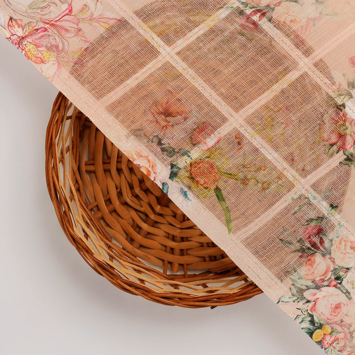 FAB VOGUE Studio Digital Printed Peach Floral Linen Fabric - Perfect for Dresses, Tops, and More!