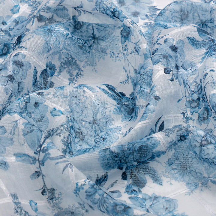 FAB VOGUE Studio Digital Printed Linen Fabric - Blue Floral, Polyester, 44 Inch