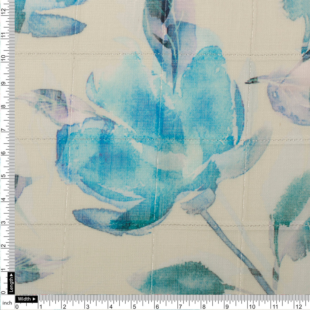 FAB VOGUE Studio Digital Printed Linen Fabric - Blue Floral Pattern