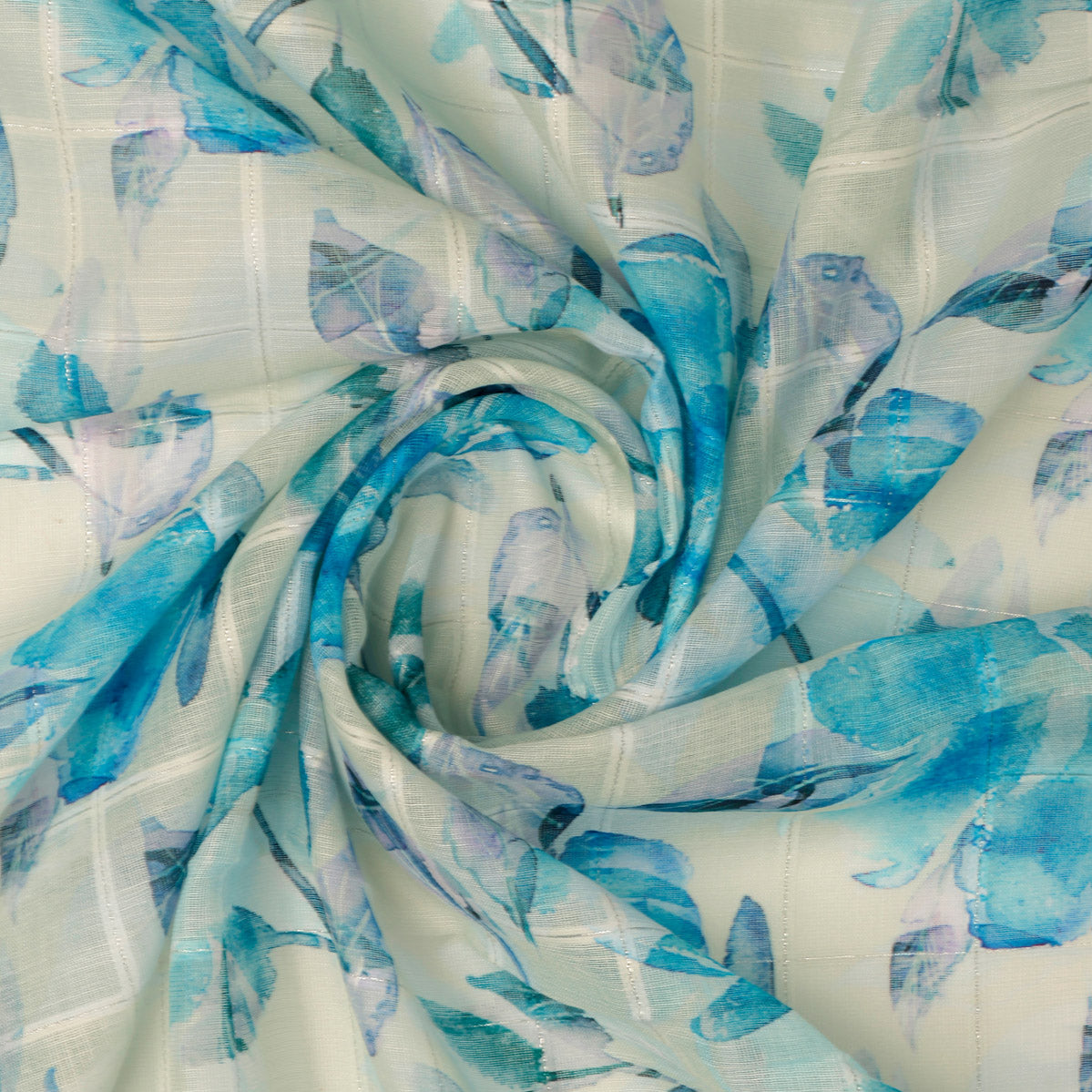 FAB VOGUE Studio Digital Printed Linen Fabric - Blue Floral Pattern