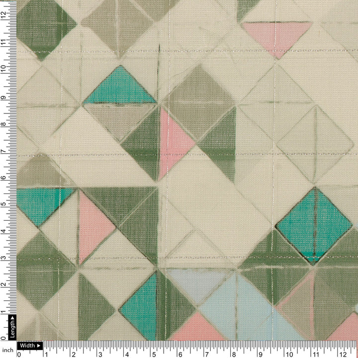 FAB VOGUE Studio Digital Printed Linen Fabric - Geometric Pattern, Green & Blue