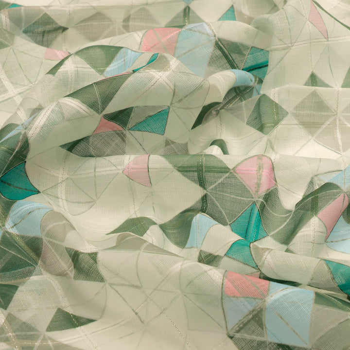 FAB VOGUE Studio Digital Printed Linen Fabric - Geometric Pattern, Green & Blue