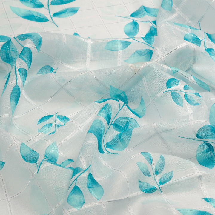 FAB VOGUE Studio Digital Printed Linen Fabric - Aqua Leaf Design