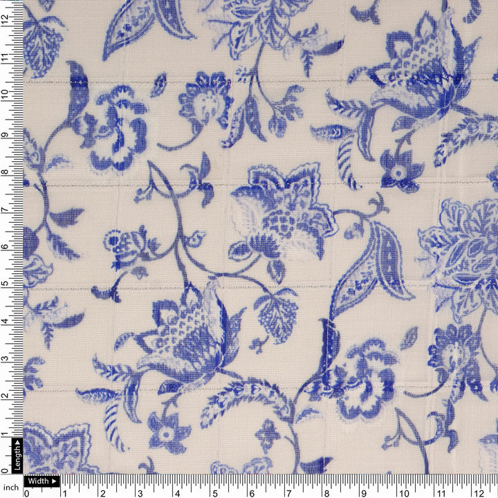 FAB VOGUE Studio Digital Printed Linen Fabric - Blue & White Floral