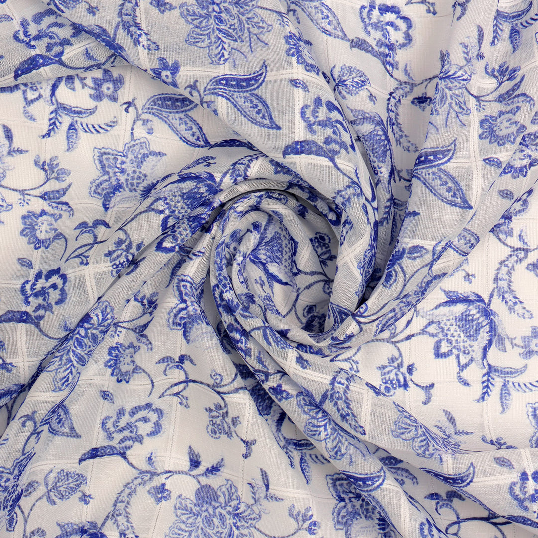 FAB VOGUE Studio Digital Printed Linen Fabric - Blue & White Floral