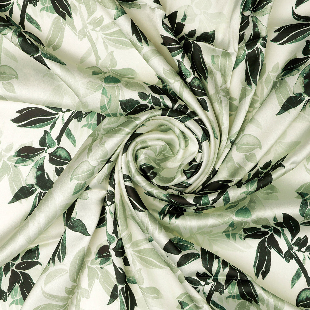 FAB VOGUE Studio Japan Satin Digital Printed Fabric - Green Floral Pattern