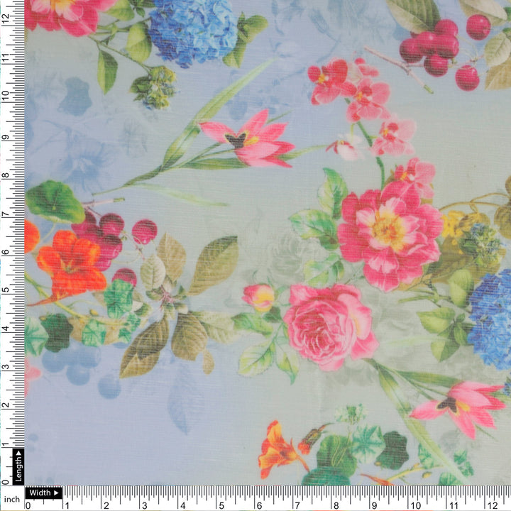 FAB VOGUE Studio Floral Chiffon Fabric - Light Blue & Pink, Digital Printed - Perfect for Dresses, Tops, and More!