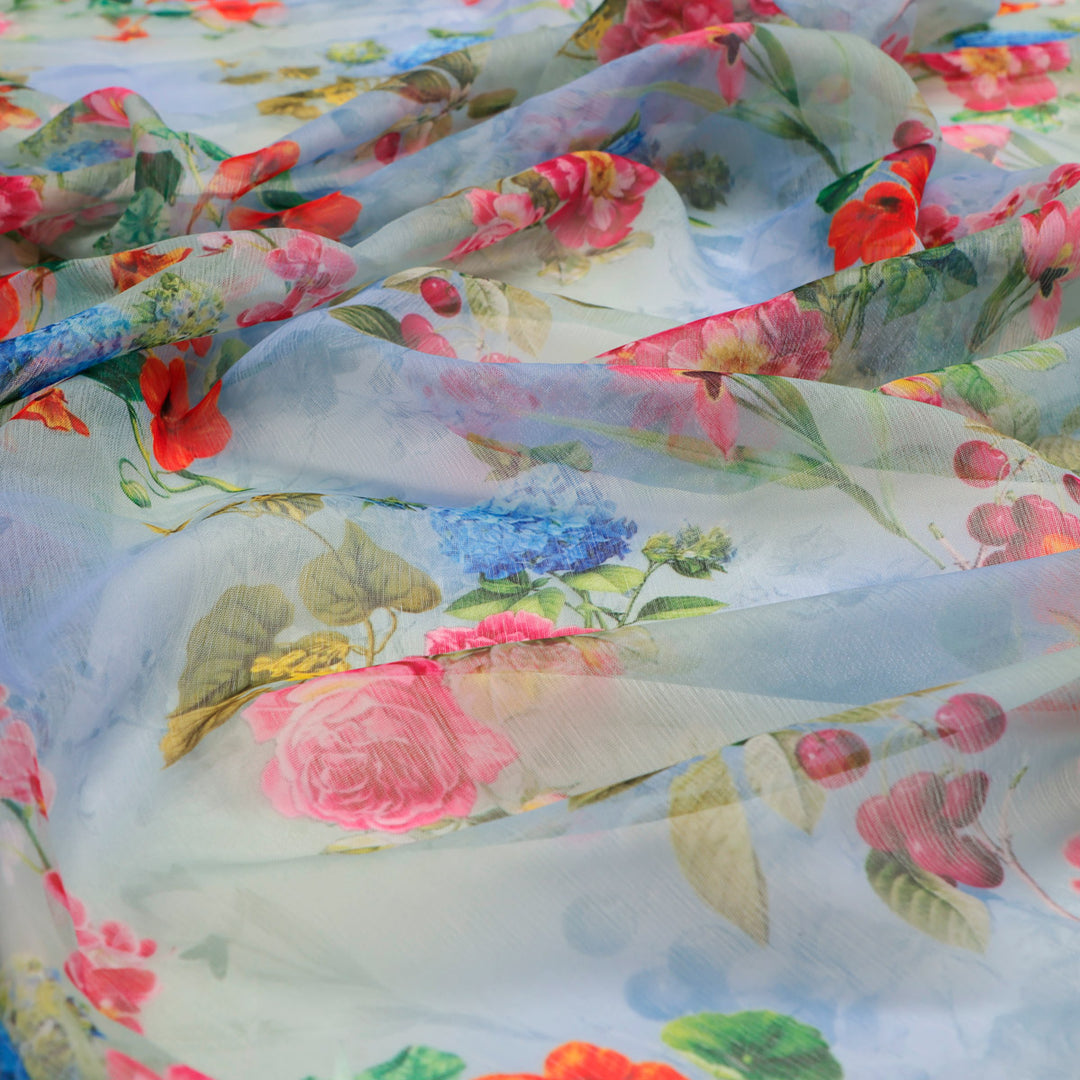 FAB VOGUE Studio Floral Chiffon Fabric - Light Blue & Pink, Digital Printed - Perfect for Dresses, Tops, and More!