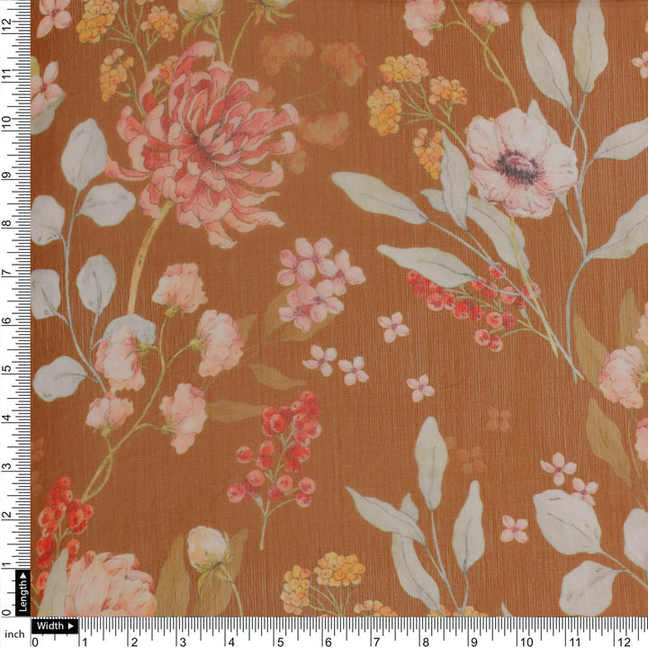 FAB VOGUE Studio Digital Printed Brown Chiffon Fabric - Floral Design