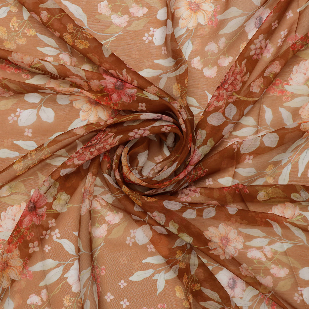 FAB VOGUE Studio Digital Printed Brown Chiffon Fabric - Floral Design