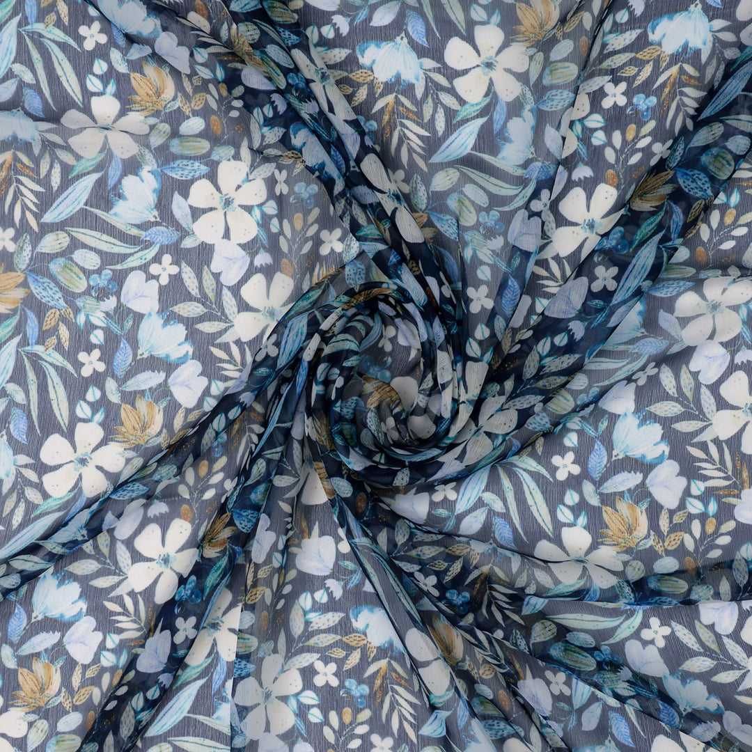 FAB VOGUE Studio Digital Printed Chiffon Fabric - Floral Blue