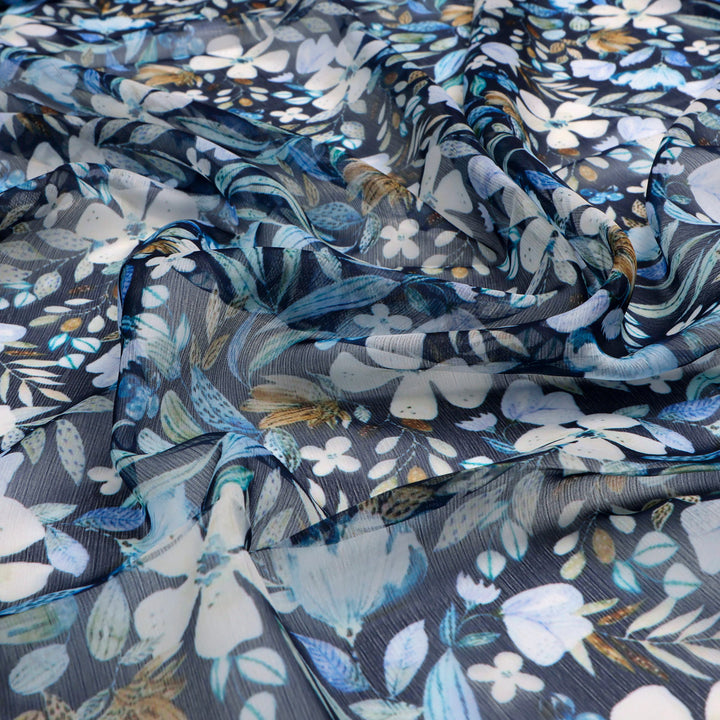 FAB VOGUE Studio Digital Printed Chiffon Fabric - Floral Blue