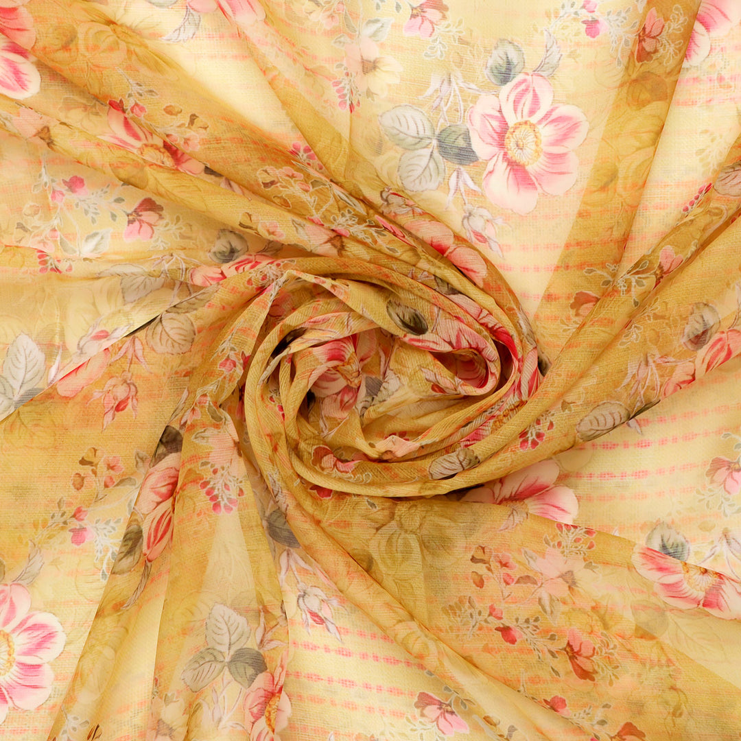 FAB VOGUE Studio - Digital Printed Chiffon Fabric - Yellow Floral Pattern